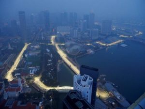 A view of the Singapore F1 Grand Prix night race Marina Bay street circuit shrouded by haze in Singapore