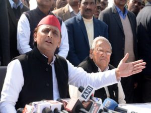 Samajwadi Party president Akhilesh Yadav speaks to media on the occasion of Death Anniversary of Janeshwar Mishra