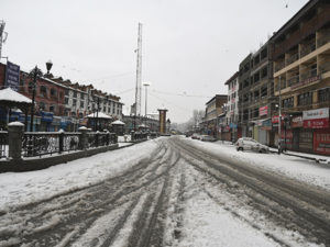 A view of snow covered city center Lal chowk during a fresh Snowfall in Srinagar