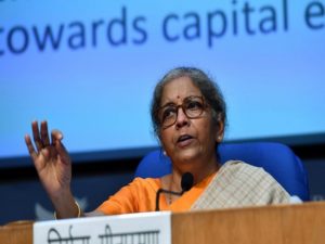 Union Finance Minister Nirmala Sitharaman addresses during a press conference