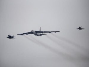 A U.S. Air Force B-52 flies over Osan Air Base in Pyeongtaek