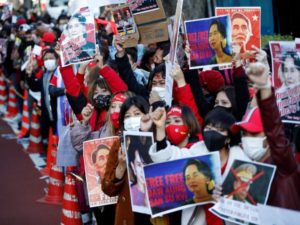 Protesters from Myanmar residing in Japan rally against Myanmar's military, in Tokyo