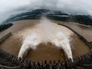 The Three Gorges Dam on the Yangtze River discharges water to lower the water level in the reservoir, in Yichang