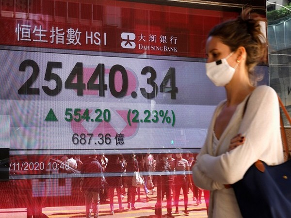 A woman wearing a protective face mask walks past a screen displaying Hang Seng Index, in Hong Kong