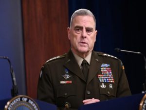 U.S. Joint Chiefs Chairman General Milley addresses reporters at the Pentagon in Arlington