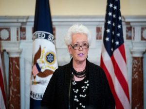 Gayle Smith speaks after U.S. Secretary of State Antony Blinken announced her appointment as new State Department Coordinator for Global COVID Response and Health Security in Washington