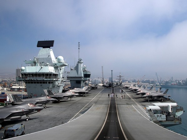 F-35B Lightning II aircraft are seen on the deck of HMS Queen Elizabeth, currently moored at the port of Limassol