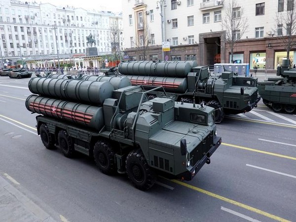 Russian servicemen sit in the cabins of S-400 missile air defence systems before a rehearsal for the Victory Day parade in central Moscow