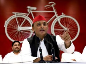 Samajwadi Party president Akhilesh Yadav addresses a press conference