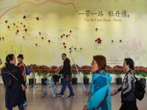 Visitors walk past a wall with a map showing the species of peony in Belt and Road Initiative (BRI) countries, at horticultural exhibition Beijing Expo 2019, in Beijing