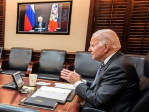 U.S. President Joe Biden holds secure video call with Russia's President Vladimir Putin from the White House in Washington