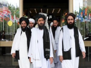 Members of a Taliban delegation leave after peace talks with Afghan senior politicians in Moscow