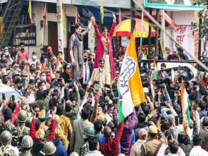 Congress leader Priyanka Gandhi Vadra takes part in the campaign rally ahead of the upcoming Uttar Pradesh assembly elections