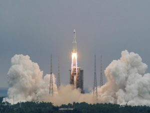 Long March-5B Y2 rocket, carrying the core module of China's space station Tianhe, takes off from Wenchang