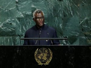 Solomon Islands Prime Minister Sogavare addresses the 72nd United Nations General Assembly at U.N. headquarters in New York