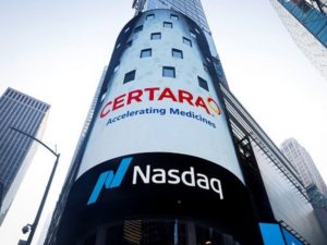 A screen displays the company logo for U.S. biotech firm Certara, at the Nasdaq Market site in Times Square during the company's IPO celebration in New York