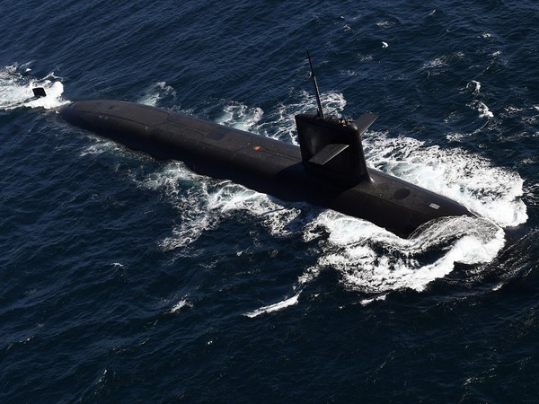 A view shows the submarine "Le Terrible" whilst at sea during a visit by French President Emmanuel Macron to the vessel