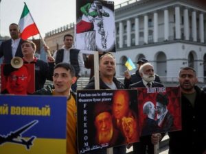 Iranians who live in Ukraine, attend a protest against Iran's government and deliveries of Iranian drones to Russia in Kyiv