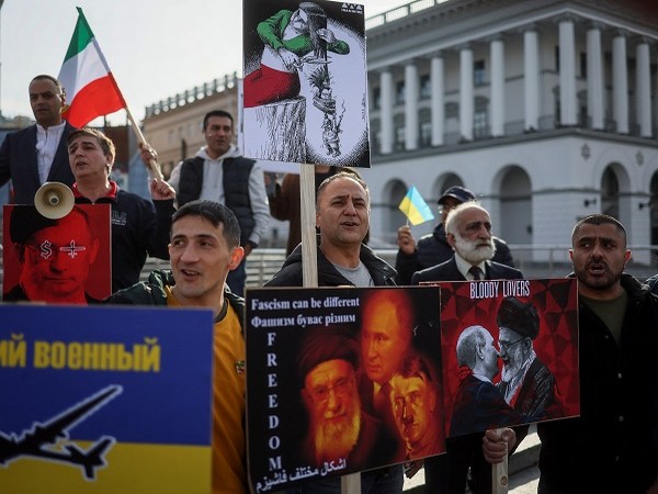 Iranians who live in Ukraine, attend a protest against Iran's government and deliveries of Iranian drones to Russia in Kyiv