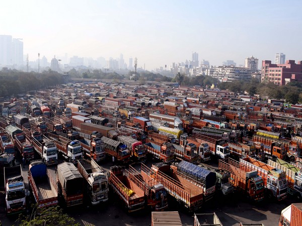 Trucks are seen parked at an APMC market during the nationwide strike