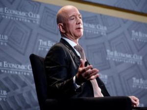 Jeff Bezos, president and CEO of Amazon and owner of The Washington Post, speaks at the Economic Club of Washington DC's "Milestone Celebration Dinner" in Washington