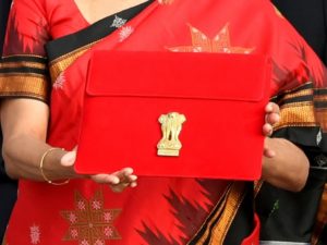 Nirmala Sitharaman shows Budget tablet as she leaves Ministry of Finance to present and read out Union Budget 2023 in Parliament