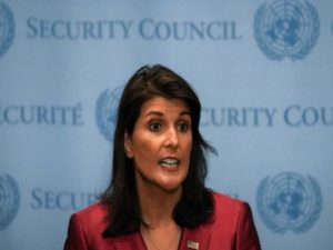 U.S. Ambassador to the United Nations Nikki Haley speaks during a news conference at U.N. headquarters in Manhattan