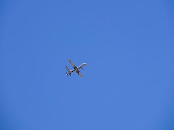 A U.S. Air Force MQ-9 Reaper drone flies over Creech Air Force Base in Nevada during a training mission