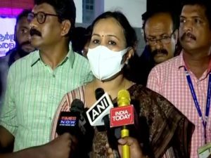 Kerala Health Minister Veena George speaks to the media,