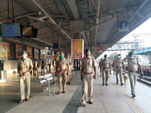 Railway Protection Force (RPF) personnel inspect the Mathura Junction Railway Station