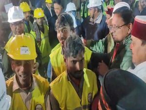 Pushkar Singh Dhami meets the workers who were rescued from the Silkyara tunnel