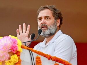 Congress leader Rahul Gandhi addresses the crowd