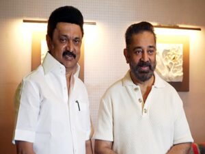 Kamal Hassan meets MK Stalin during a campaign in Salem